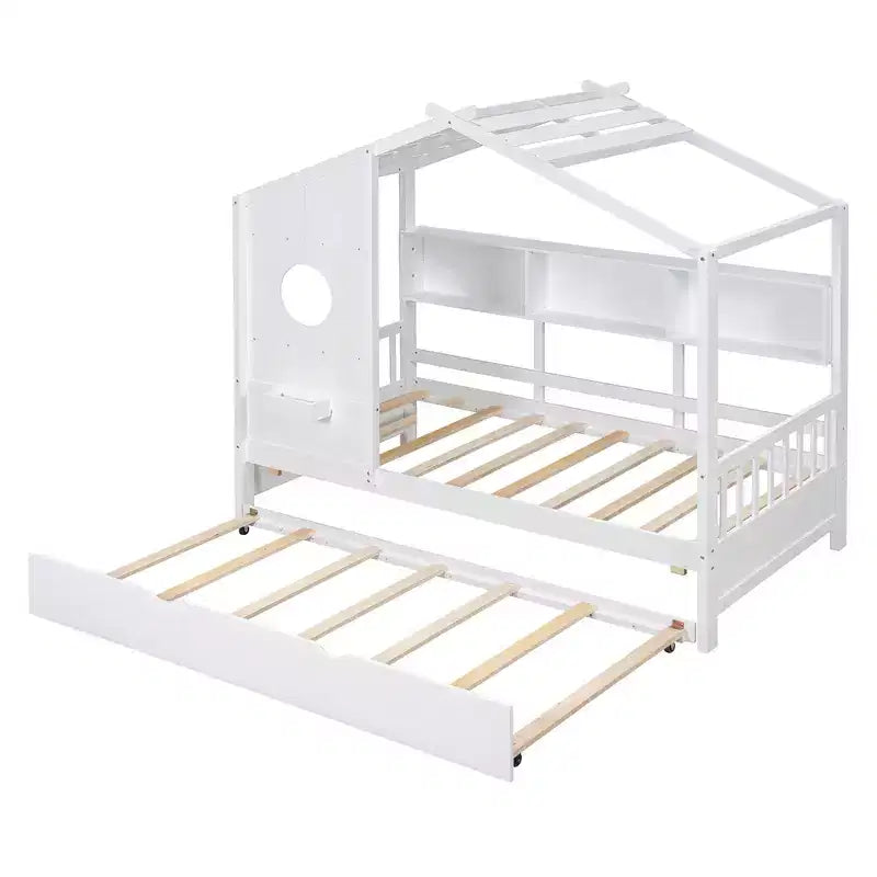 Letto a capanna MAYEERTY per bambini, una piazza e mezza, con letto estraibile e ripiano contenitore, design moderno, per camera da letto, bianco