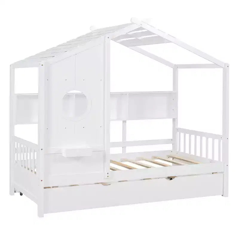 Letto a capanna MAYEERTY per bambini, una piazza e mezza, con letto estraibile e ripiano contenitore, design moderno, per camera da letto, bianco