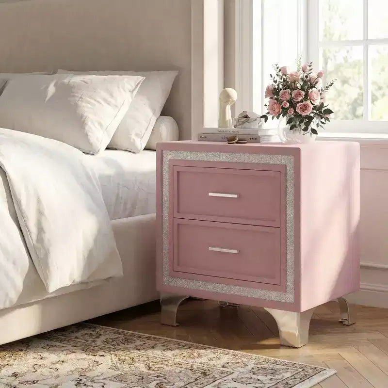 Elegante comodino lucido con maniglia in metallo, comodino a specchio con 2 cassetti per camera da letto, soggiorno, nero