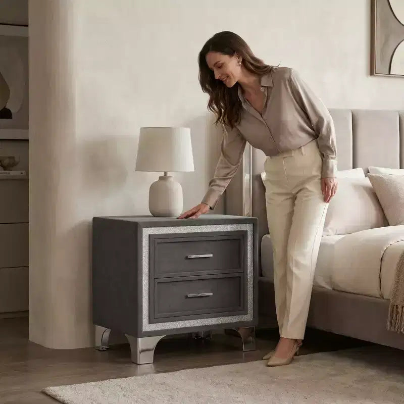 Elegante comodino lucido con maniglia in metallo, comodino a specchio con 2 cassetti per camera da letto, soggiorno, nero