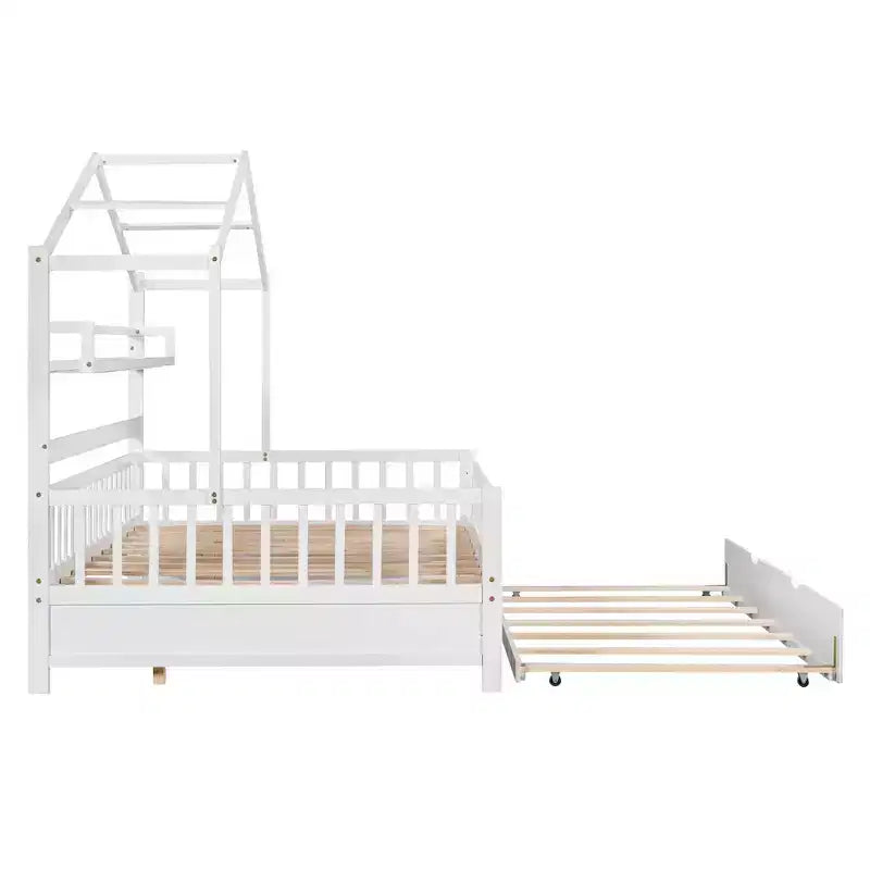 MAYEERTY Letto a casetta in legno a una piazza e mezza con letto estraibile singolo per bambini con scaffale per camera da letto, bianco