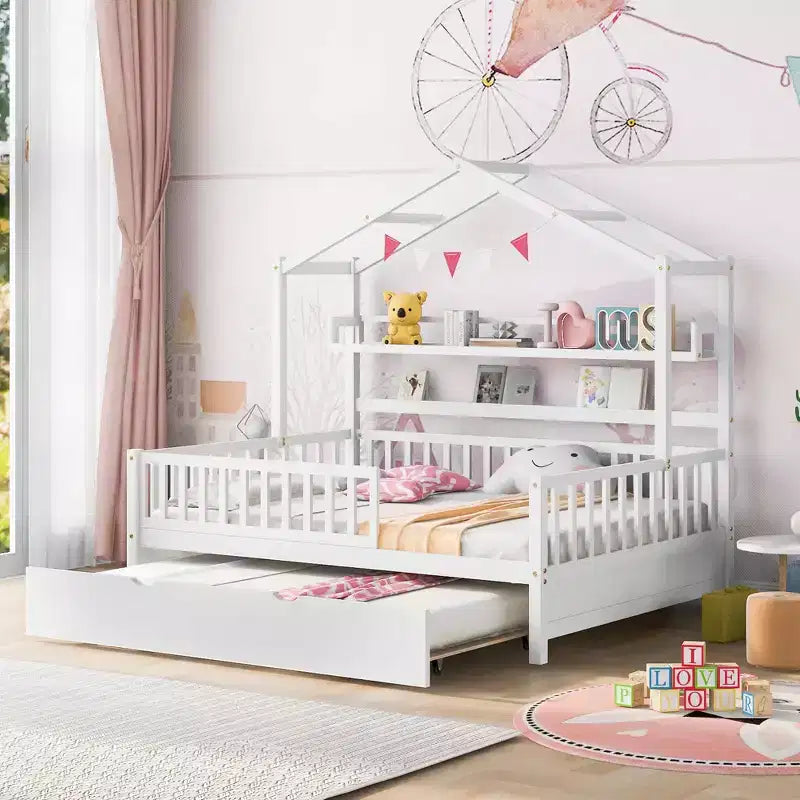 MAYEERTY Letto a casetta in legno a una piazza e mezza con letto estraibile singolo per bambini con scaffale per camera da letto, bianco