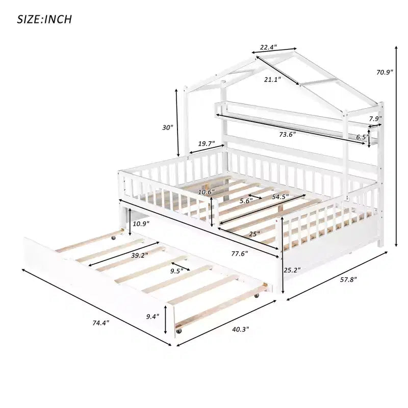 MAYEERTY Letto a casetta in legno a una piazza e mezza con letto estraibile singolo per bambini con scaffale per camera da letto, bianco