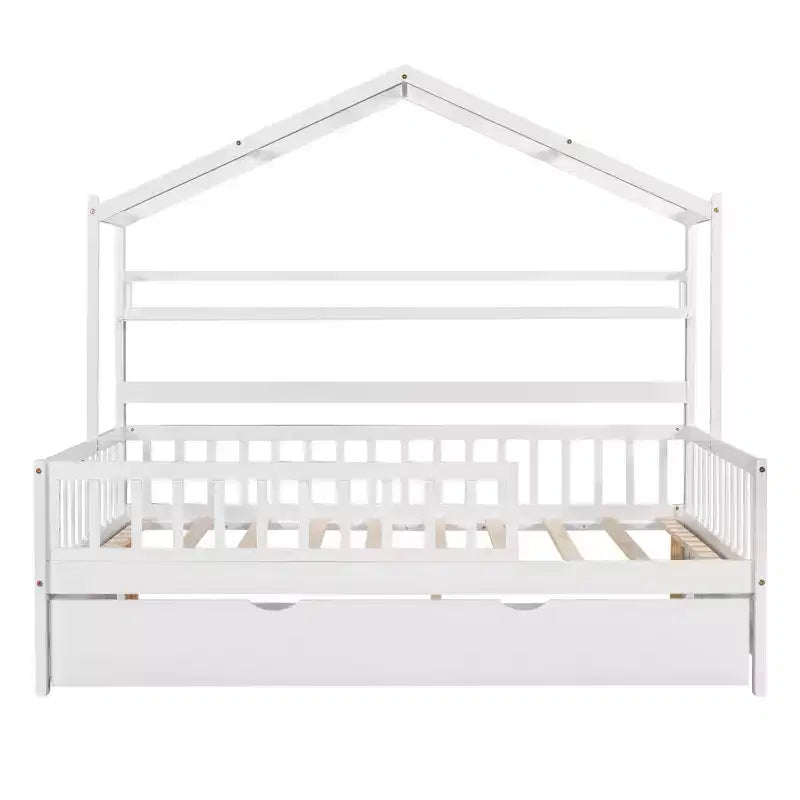 MAYEERTY Letto a casetta in legno a una piazza e mezza con letto estraibile singolo per bambini con scaffale per camera da letto, bianco