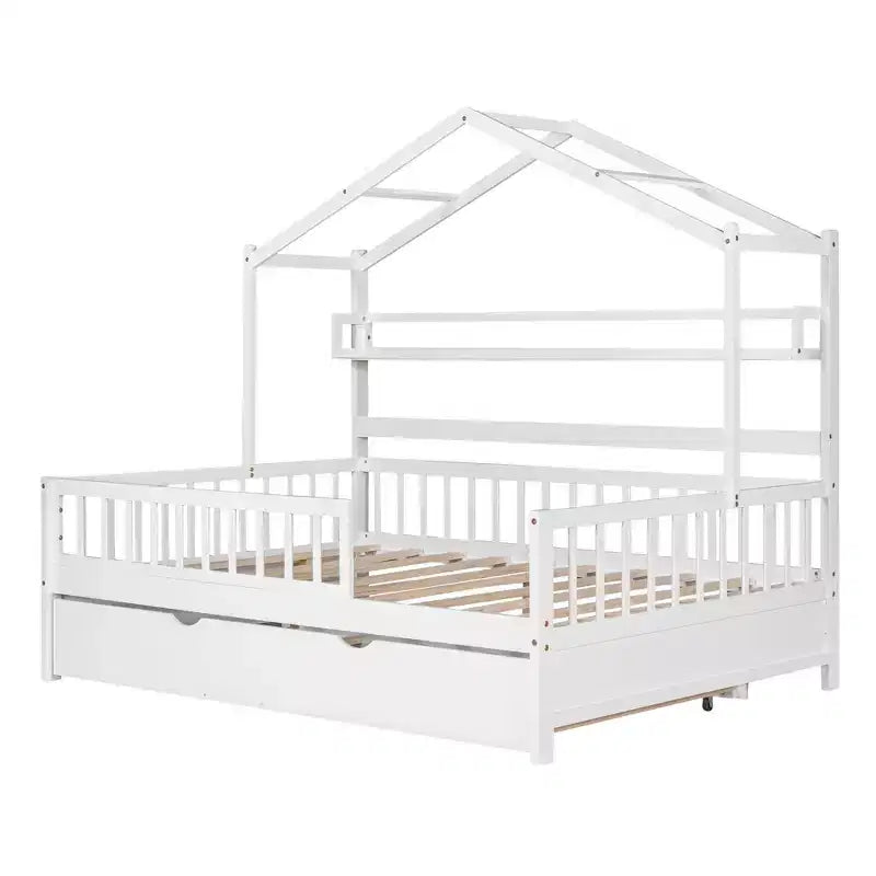 MAYEERTY Letto a casetta in legno a una piazza e mezza con letto estraibile singolo per bambini con scaffale per camera da letto, bianco