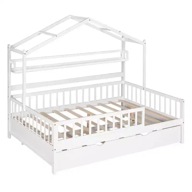 MAYEERTY Letto a casetta in legno a una piazza e mezza con letto estraibile singolo per bambini con scaffale per camera da letto, bianco