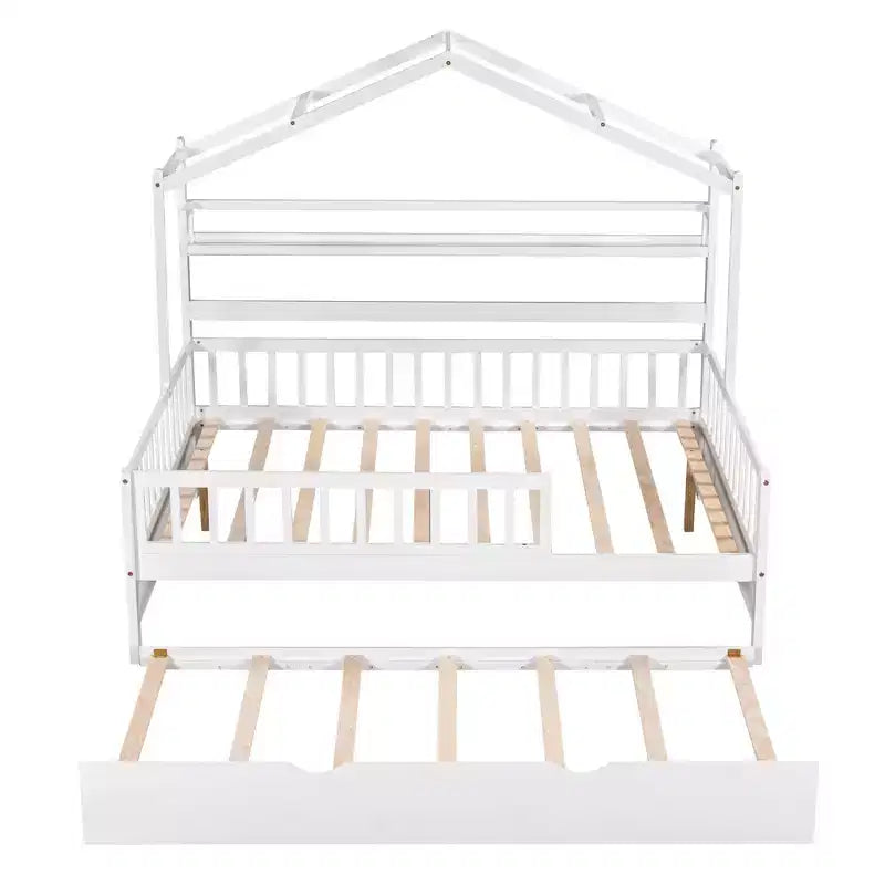 MAYEERTY Letto a casetta in legno a una piazza e mezza con letto estraibile singolo per bambini con scaffale per camera da letto, bianco