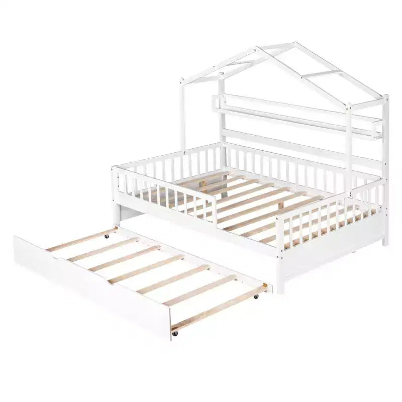 MAYEERTY Letto a casetta in legno a una piazza e mezza con letto estraibile singolo per bambini con scaffale per camera da letto, bianco