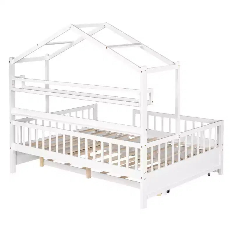 MAYEERTY Letto a casetta in legno a una piazza e mezza con letto estraibile singolo per bambini con scaffale per camera da letto, bianco
