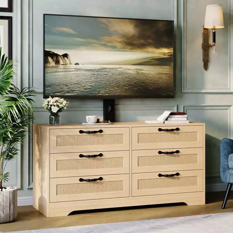 Mobile TV moderno con supporto per TV da 32-85 pollici, cassettiera a 6 cassetti in rattan, console multimediale con ampio spazio di archiviazione per soggiorno o camera da letto
