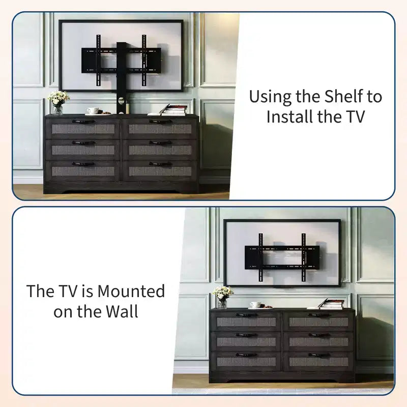Mobile TV moderno con supporto per TV da 32-85 pollici, cassettiera a 6 cassetti in rattan, console multimediale con ampio spazio di archiviazione per soggiorno o camera da letto