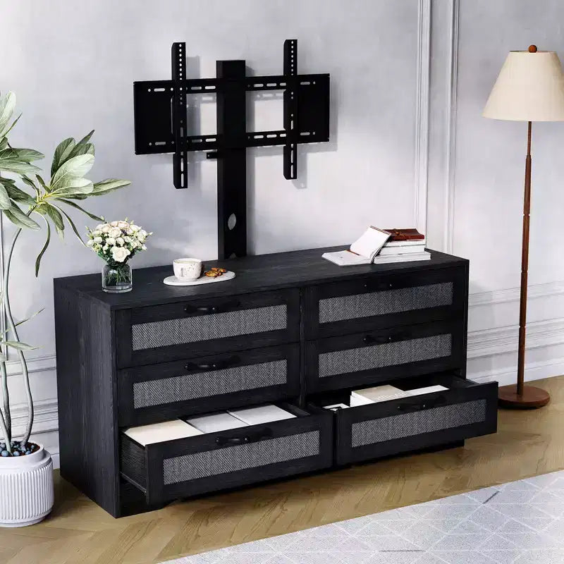 Mobile TV moderno con supporto per TV da 32-85 pollici, cassettiera a 6 cassetti in rattan, console multimediale con ampio spazio di archiviazione per soggiorno o camera da letto