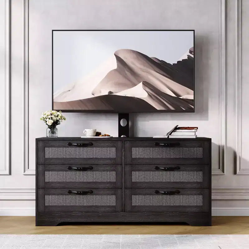 Mobile TV moderno con supporto per TV da 32-85 pollici, cassettiera a 6 cassetti in rattan, console multimediale con ampio spazio di archiviazione per soggiorno o camera da letto