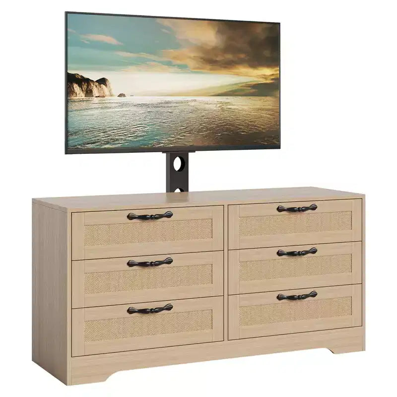 Mobile TV moderno con supporto per TV da 32-85 pollici, cassettiera a 6 cassetti in rattan, console multimediale con ampio spazio di archiviazione per soggiorno o camera da letto