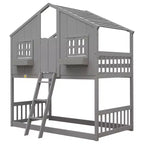 Letto a Castello a Casetta, una Piazza e Mezza, con Tetto e Finestre per Bambini, Struttura in Legno con Porta, Scala e Ringhiera