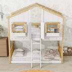 Letto a Castello a Casetta, una Piazza e Mezza, con Tetto e Finestre per Bambini, Struttura in Legno con Porta, Scala e Ringhiera