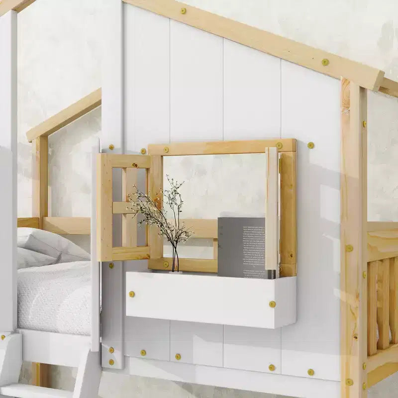 Letto a Castello a Casetta, una Piazza e Mezza, con Tetto e Finestre per Bambini, Struttura in Legno con Porta, Scala e Ringhiera