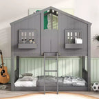 Letto a Castello a Casetta, una Piazza e Mezza, con Tetto e Finestre per Bambini, Struttura in Legno con Porta, Scala e Ringhiera