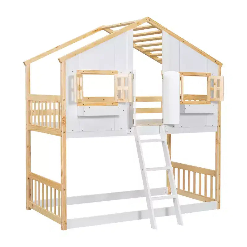 Letto a Castello a Casetta, una Piazza e Mezza, con Tetto e Finestre per Bambini, Struttura in Legno con Porta, Scala e Ringhiera