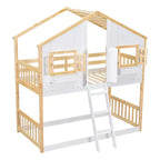 Letto a Castello a Casetta, una Piazza e Mezza, con Tetto e Finestre per Bambini, Struttura in Legno con Porta, Scala e Ringhiera