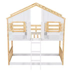 Letto a Castello a Casetta, una Piazza e Mezza, con Tetto e Finestre per Bambini, Struttura in Legno con Porta, Scala e Ringhiera
