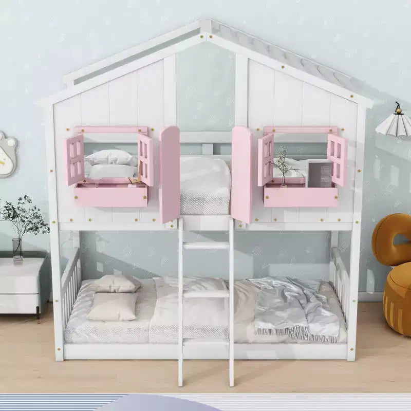 Letto a Castello a Casetta, una Piazza e Mezza, con Tetto e Finestre per Bambini, Struttura in Legno con Porta, Scala e Ringhiera