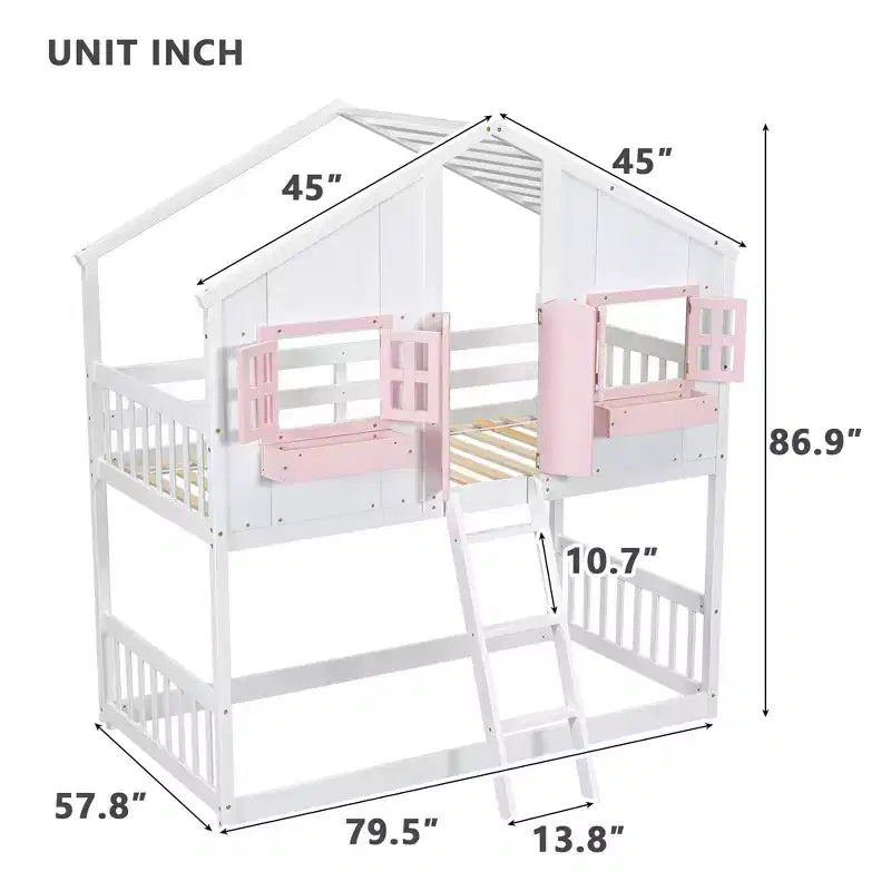 Letto a Castello a Casetta, una Piazza e Mezza, con Tetto e Finestre per Bambini, Struttura in Legno con Porta, Scala e Ringhiera