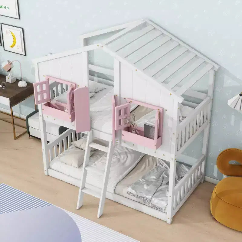 Letto a Castello a Casetta, una Piazza e Mezza, con Tetto e Finestre per Bambini, Struttura in Legno con Porta, Scala e Ringhiera