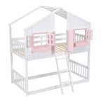 Letto a Castello a Casetta, una Piazza e Mezza, con Tetto e Finestre per Bambini, Struttura in Legno con Porta, Scala e Ringhiera