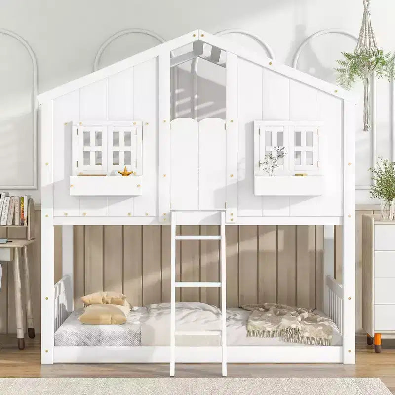 Letto a Castello a Casetta, una Piazza e Mezza, con Tetto e Finestre per Bambini, Struttura in Legno con Porta, Scala e Ringhiera