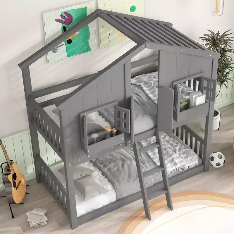 Letto a Castello a Casetta, una Piazza e Mezza, con Tetto e Finestre per Bambini, Struttura in Legno con Porta, Scala e Ringhiera
