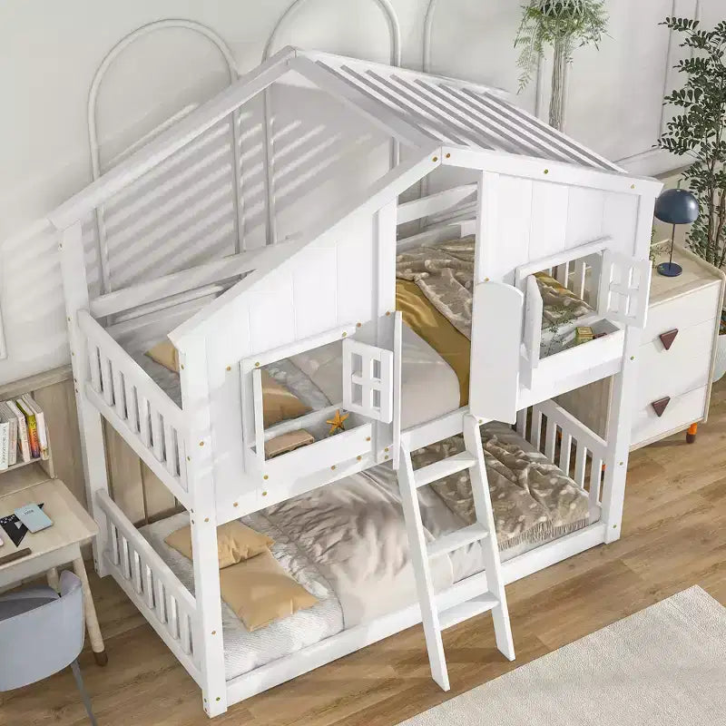 Letto a Castello a Casetta, una Piazza e Mezza, con Tetto e Finestre per Bambini, Struttura in Legno con Porta, Scala e Ringhiera