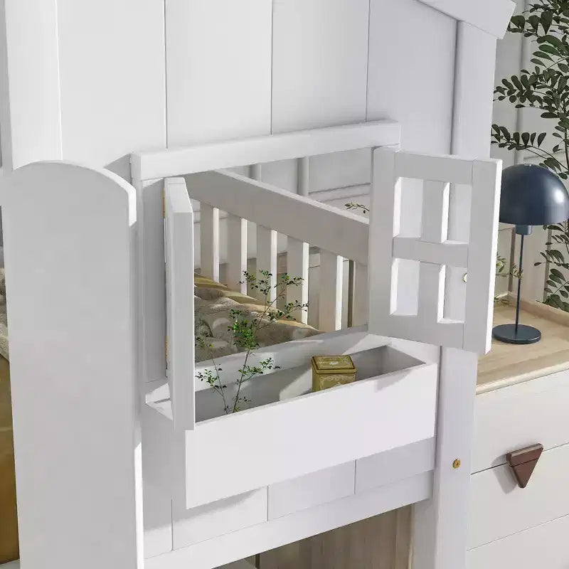 Letto a Castello a Casetta, una Piazza e Mezza, con Tetto e Finestre per Bambini, Struttura in Legno con Porta, Scala e Ringhiera