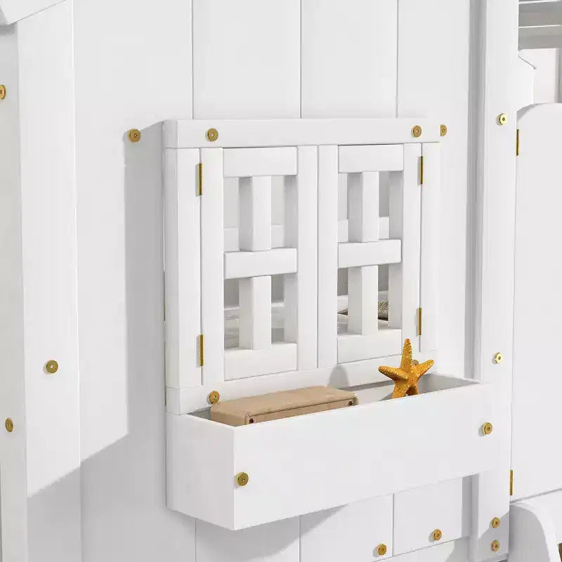 Letto a Castello a Casetta, una Piazza e Mezza, con Tetto e Finestre per Bambini, Struttura in Legno con Porta, Scala e Ringhiera