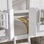 Letto a Castello a Casetta, una Piazza e Mezza, con Tetto e Finestre per Bambini, Struttura in Legno con Porta, Scala e Ringhiera