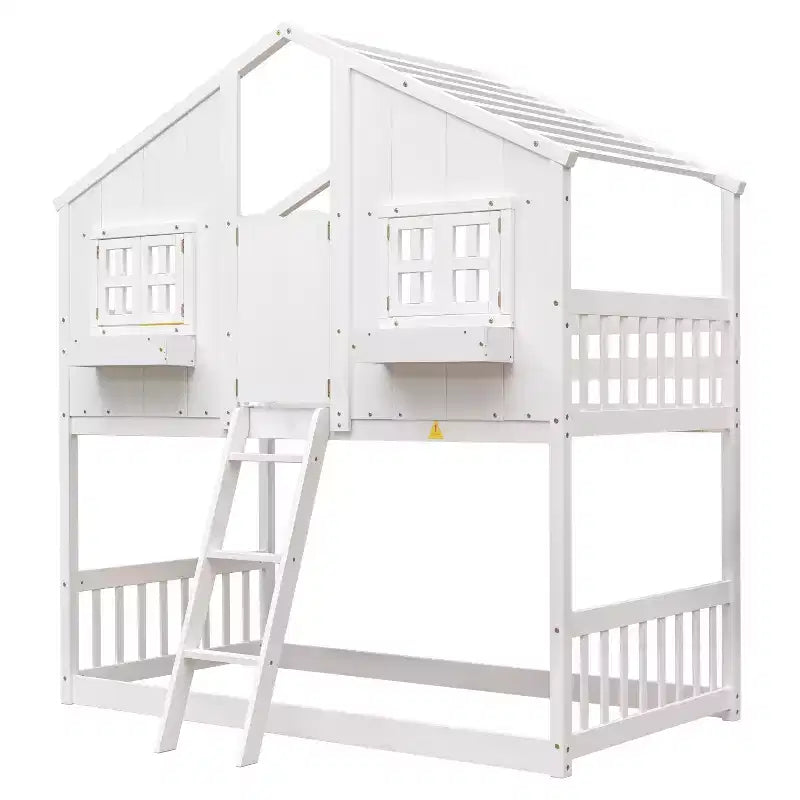 Letto a Castello a Casetta, una Piazza e Mezza, con Tetto e Finestre per Bambini, Struttura in Legno con Porta, Scala e Ringhiera