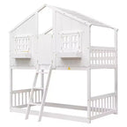 Letto a Castello a Casetta, una Piazza e Mezza, con Tetto e Finestre per Bambini, Struttura in Legno con Porta, Scala e Ringhiera