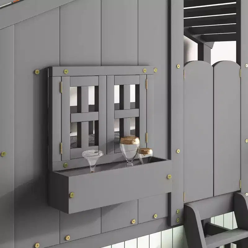 Letto a Castello a Casetta, una Piazza e Mezza, con Tetto e Finestre per Bambini, Struttura in Legno con Porta, Scala e Ringhiera
