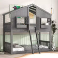 House Shaped Bunk Bed Twin over Twin with Roof and Windows for Kids, Wood Floor Bunk Bed Frame with Door, Ladder and Guardrail
