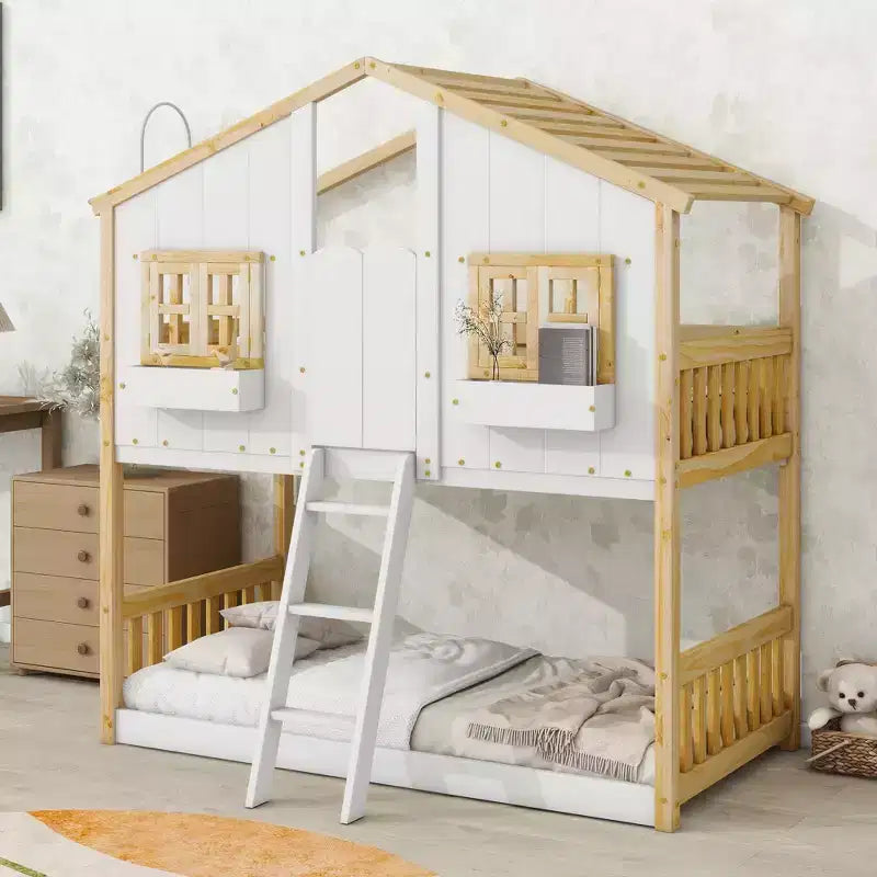 Letto a Castello a Casetta, una Piazza e Mezza, con Tetto e Finestre per Bambini, Struttura in Legno con Porta, Scala e Ringhiera