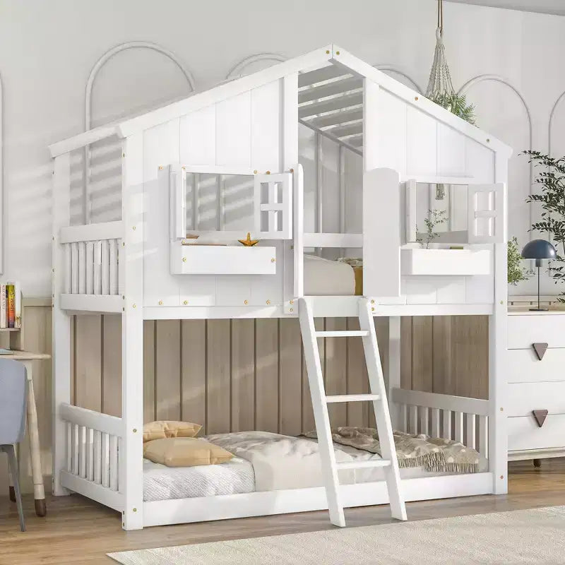 Letto a Castello a Casetta, una Piazza e Mezza, con Tetto e Finestre per Bambini, Struttura in Legno con Porta, Scala e Ringhiera