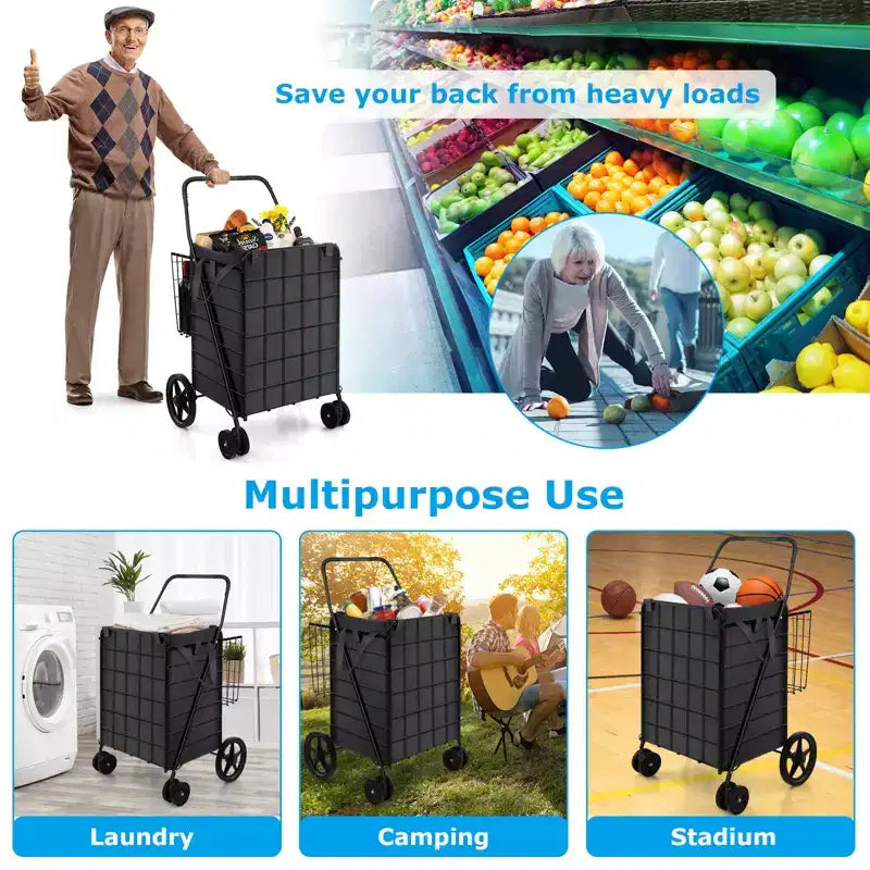 Carrello portaspesa pieghevole Gymax con doppio cestino e fodera impermeabile