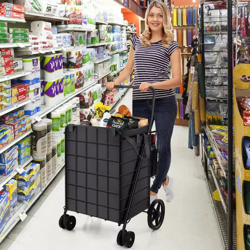 Carrello portaspesa pieghevole Gymax con doppio cestino e fodera impermeabile