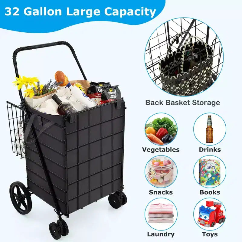 Carrello portaspesa pieghevole Gymax con doppio cestino e fodera impermeabile