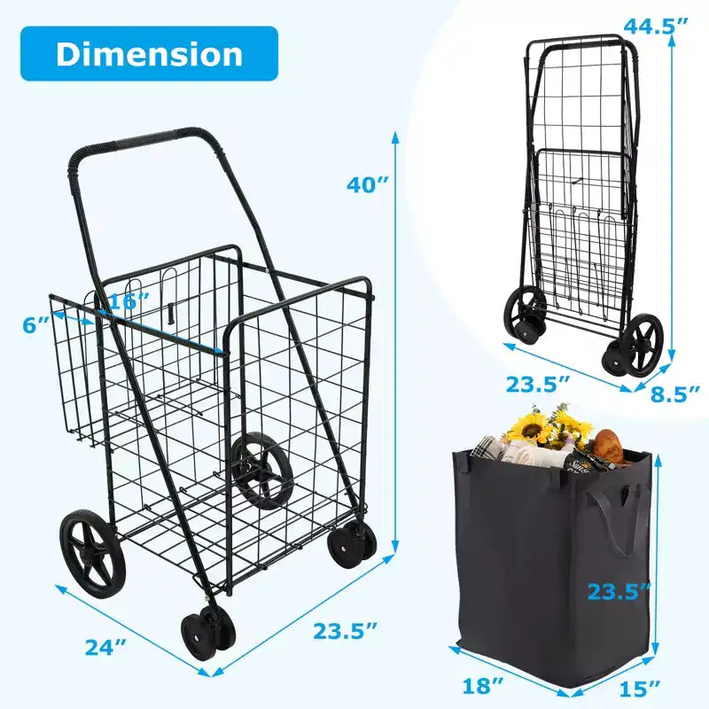 Carrello portaspesa pieghevole Gymax con doppio cestino e fodera impermeabile