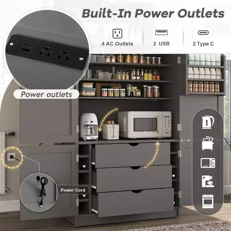 Whisen Dispensa da Cucina Autoportante Alta 203 cm, Credenze, Armadio Contenitore Grande