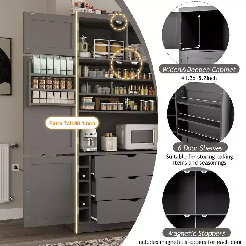 Whisen Dispensa da Cucina Autoportante Alta 203 cm, Credenze, Armadio Contenitore Grande