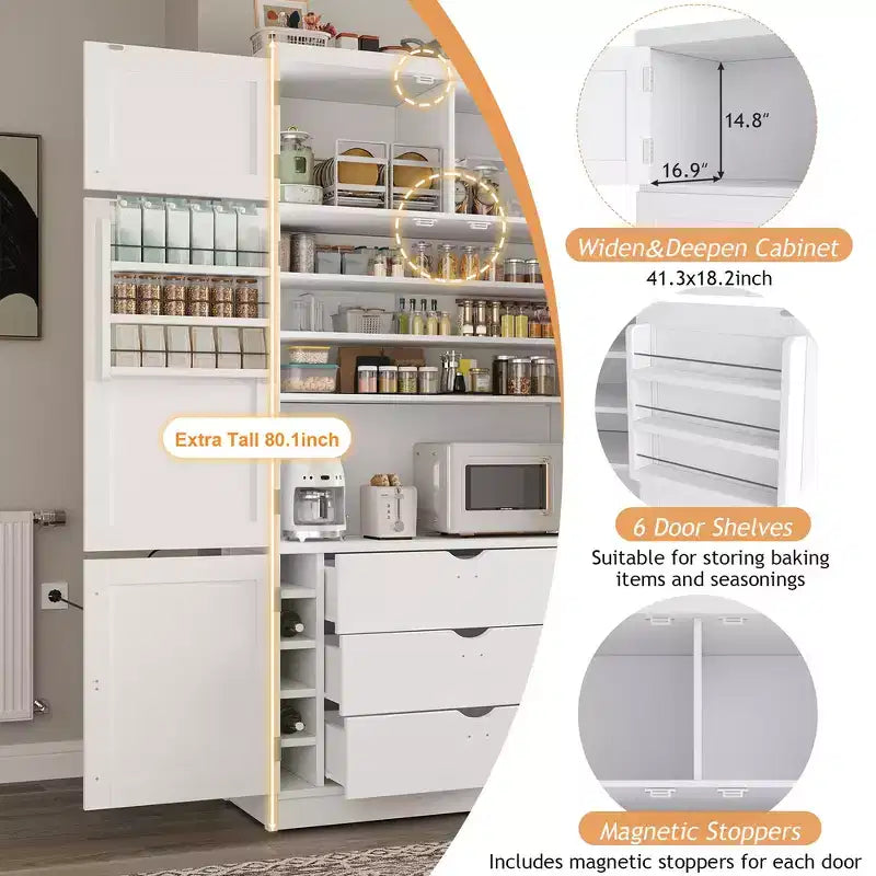 Whisen Dispensa da Cucina Autoportante Alta 203 cm, Credenze, Armadio Contenitore Grande