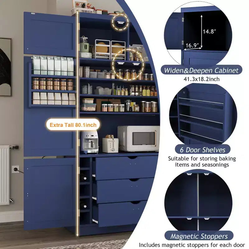 Whisen Dispensa da Cucina Autoportante Alta 203 cm, Credenze, Armadio Contenitore Grande