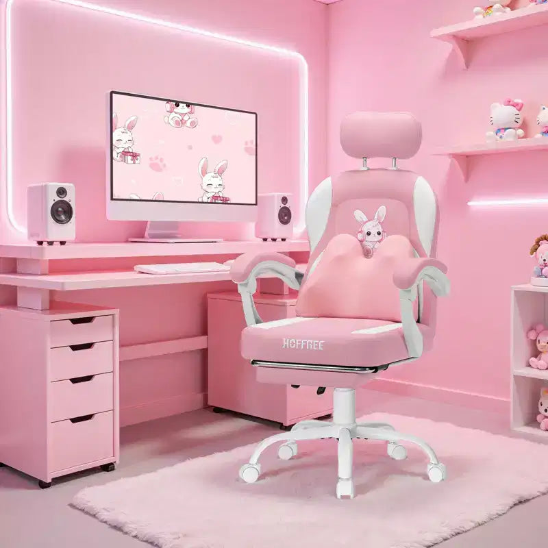 HOFFREE Sedia Gaming per Bambini a Forma di Coniglio con Cuscino Massaggiante e Poggiapiedi, Regolabile ed Ergonomica, Design Carino Kawaii per Età 8-14